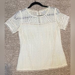 Boden Ivory Embroidery Overlay Short-Sleeve Top